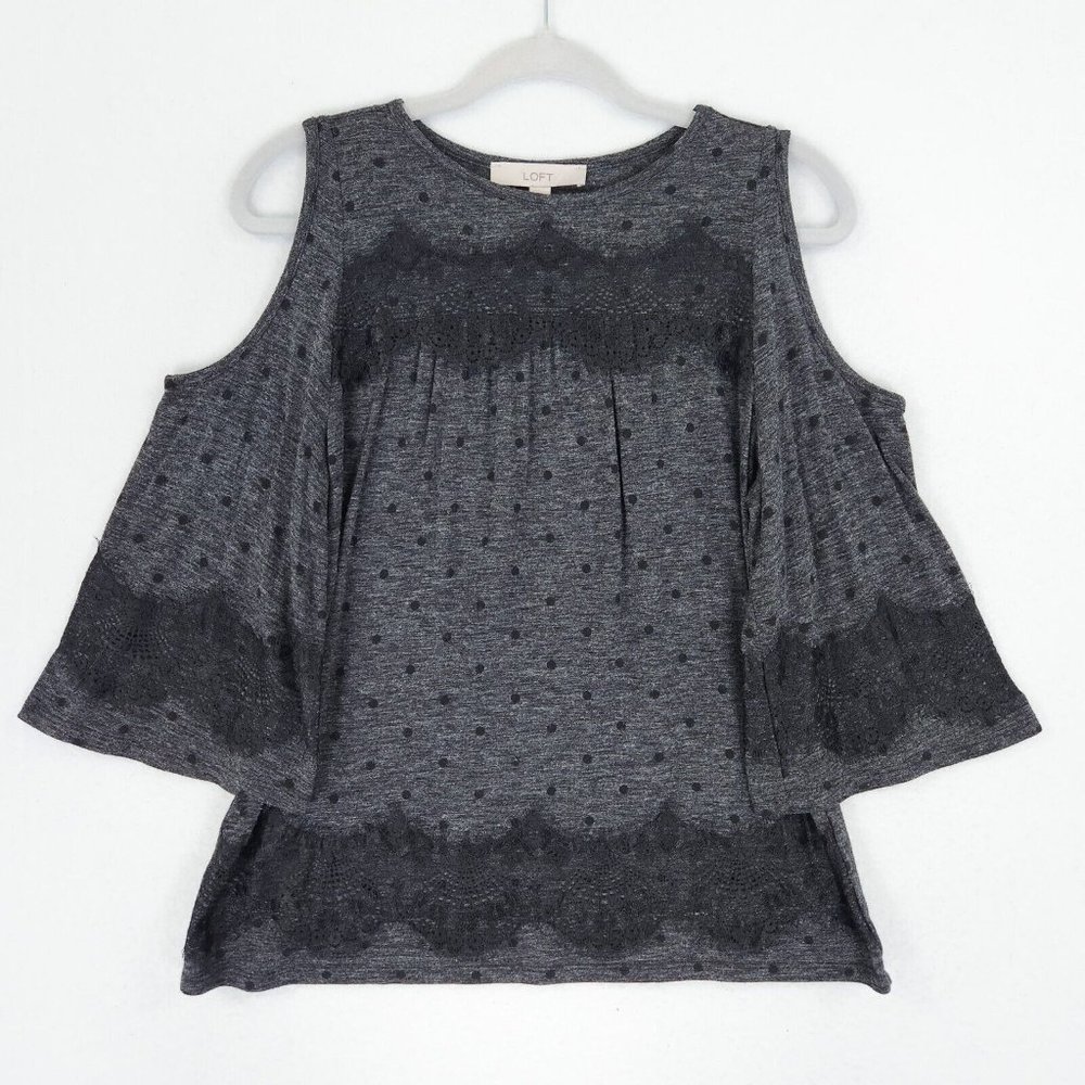 Ann Taylor LOFT Shirt Womens Extra Small Gray Black Cold Shoulder Lace Polka Dot